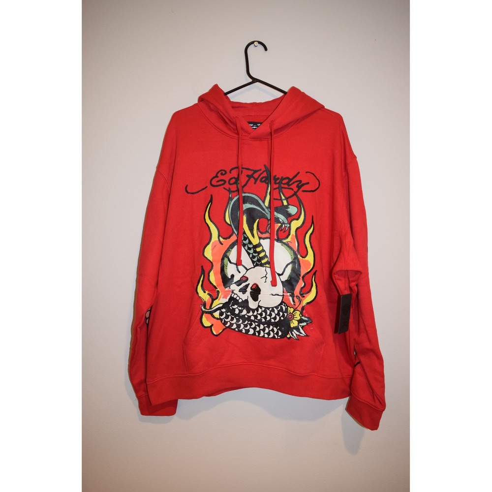 NWT Ed Hardy Red Hoodie Skull Snake Dragon Graphic Mens‎ Size M